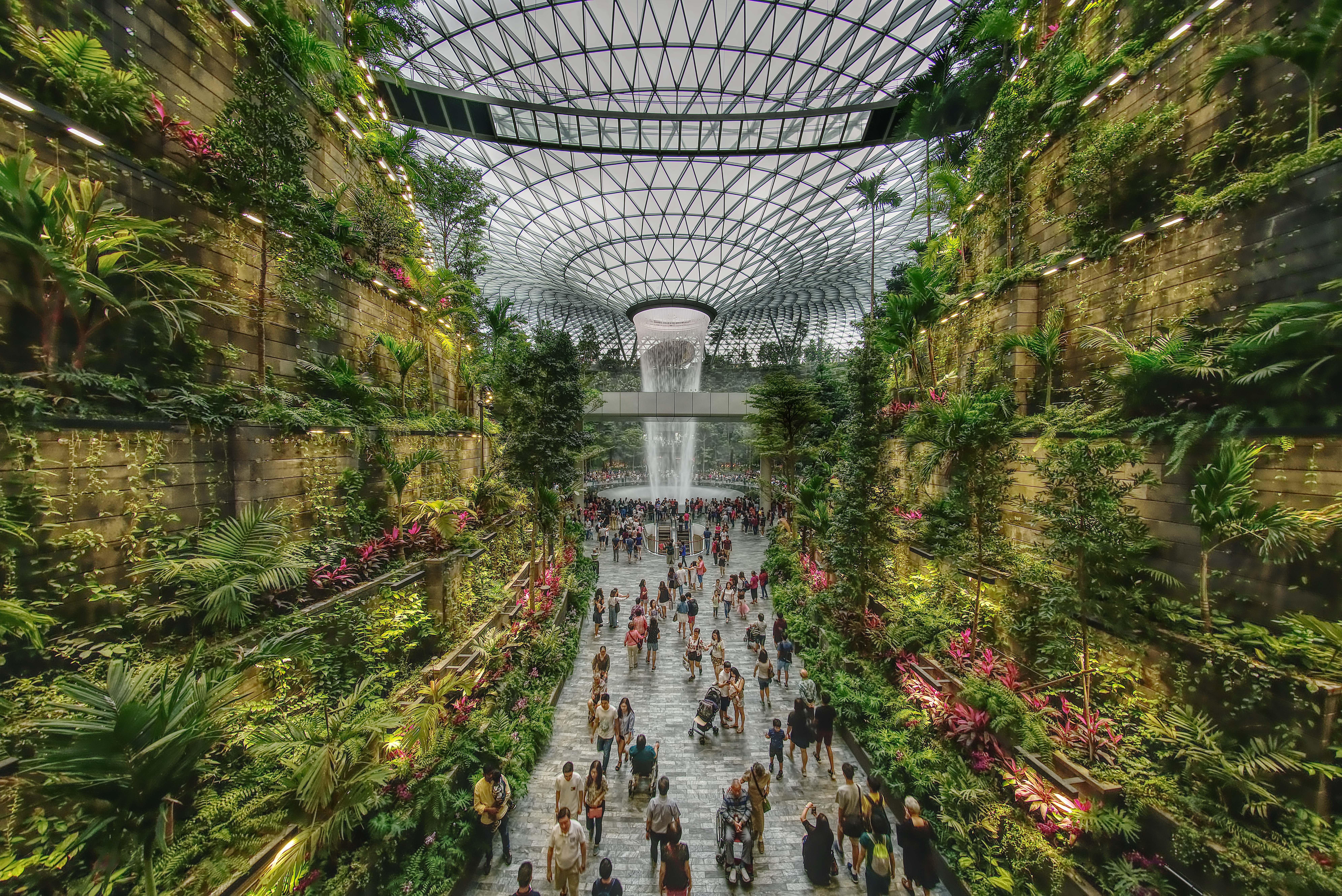 فندق كراون بلازا مطار شانجي سنغافورة المظهر الخارجي الصورة The photo depicts a vibrant indoor garden space, characterized by lush greenery and a towering waterfall at its center. The setting features vertical gardens on stone walls, filled with various plants and flowers. People can be seen walking along the