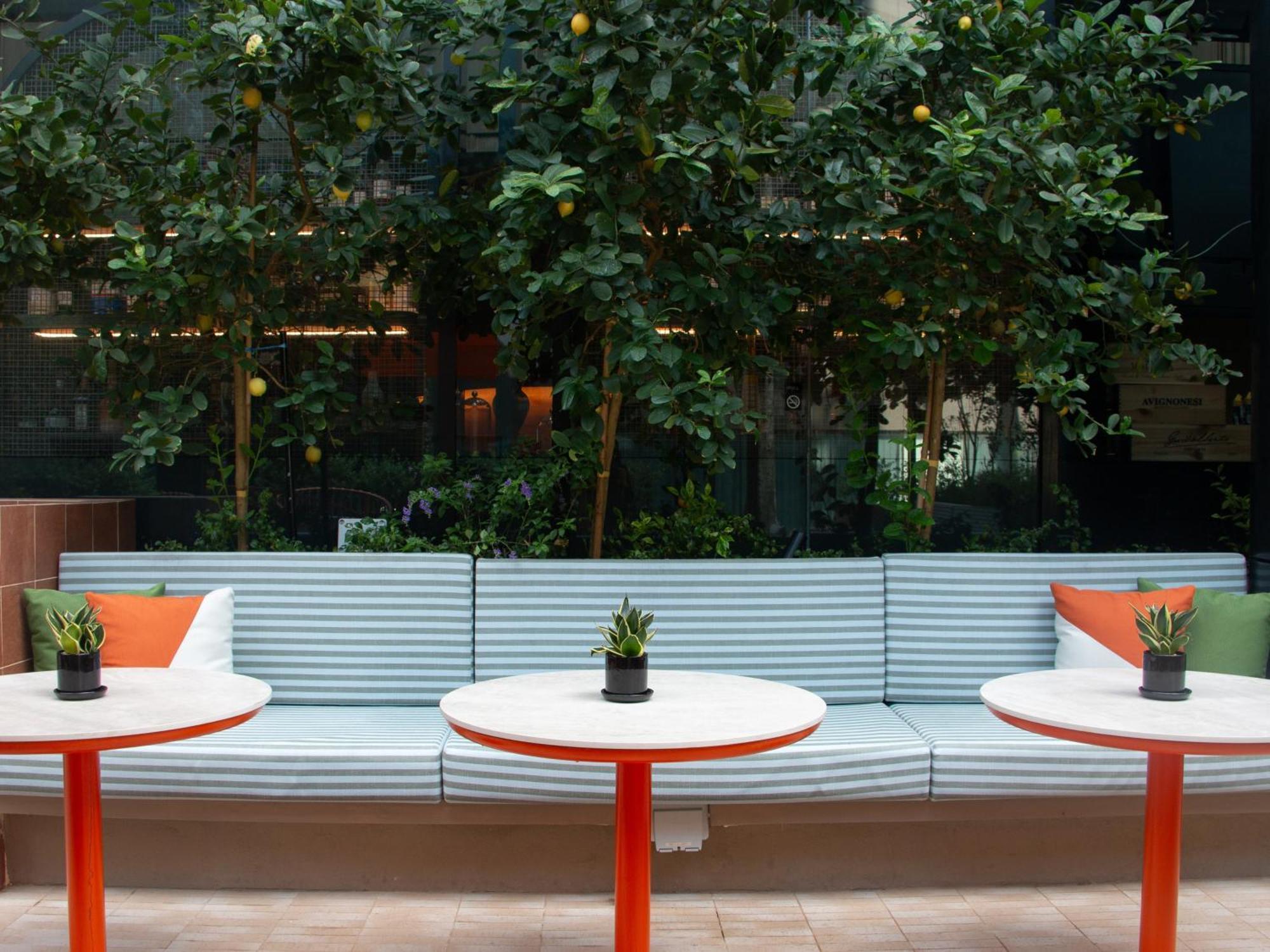 فندق كراون بلازا مطار شانجي سنغافورة المظهر الخارجي الصورة The photo shows a cozy seating area featuring a long, light blue bench with colorful cushions in orange and green. In front of the bench, there are three round tables with bright red bases and small plants in black pots on each table. The background 